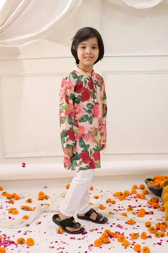 Peach printed silk floral kurta pyjama set for boys