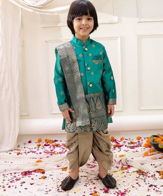 Green woven jacquard silk kurta dhoti with scarve set for boys 1