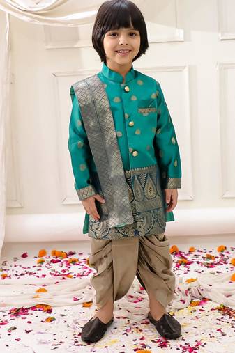 Green woven jacquard silk kurta dhoti with scarve set for boys