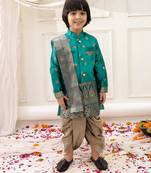 Green woven jacquard silk kurta dhoti with scarve set for boys