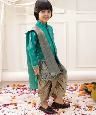 Green woven jacquard silk kurta dhoti with scarve set for boys 3