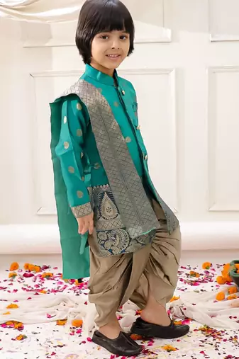 Green woven jacquard silk kurta dhoti with scarve set for boys