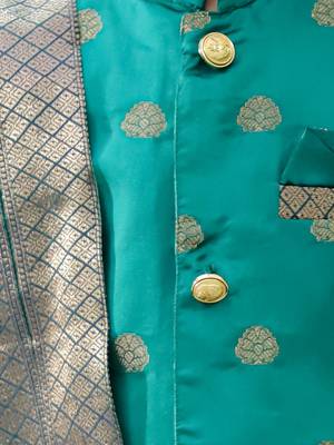 Green woven jacquard silk kurta dhoti with scarve set for boys 4