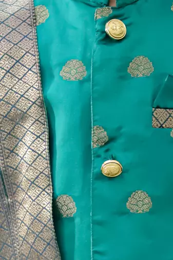 Green woven jacquard silk kurta dhoti with scarve set for boys