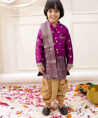 Purple woven jacquard silk kurta dhoti with scarve set for boys 1