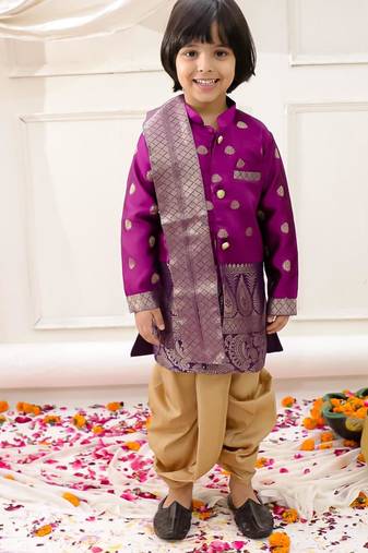 Purple woven jacquard silk kurta dhoti with scarve set for boys