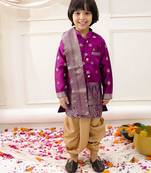 Purple woven jacquard silk kurta dhoti with scarve set for boys