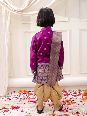 Purple woven jacquard silk kurta dhoti with scarve set for boys 2