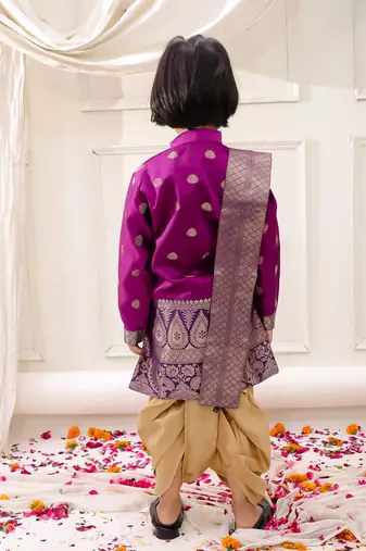 Purple woven jacquard silk kurta dhoti with scarve set for boys