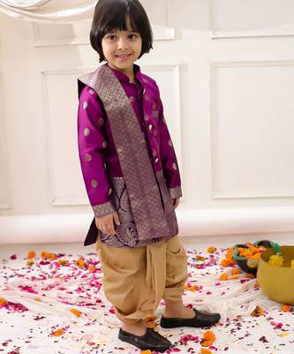 Purple woven jacquard silk kurta dhoti with scarve set for boys 3