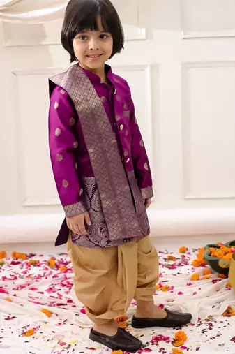 Purple woven jacquard silk kurta dhoti with scarve set for boys