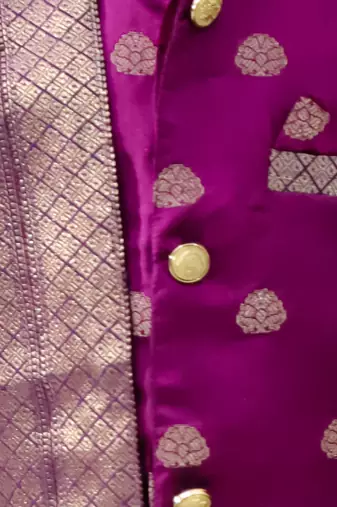 Purple woven jacquard silk kurta dhoti with scarve set for boys