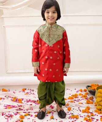 Red woven jacquard silk kurta dhoti set for boys 1