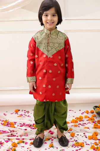 Red woven jacquard silk kurta dhoti set for boys