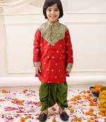 Red woven jacquard silk kurta dhoti set for boys
