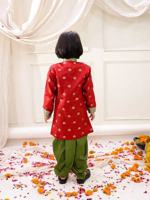 Red woven jacquard silk kurta dhoti set for boys 2