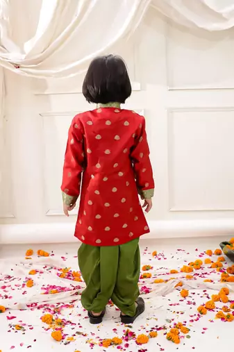 Red woven jacquard silk kurta dhoti set for boys