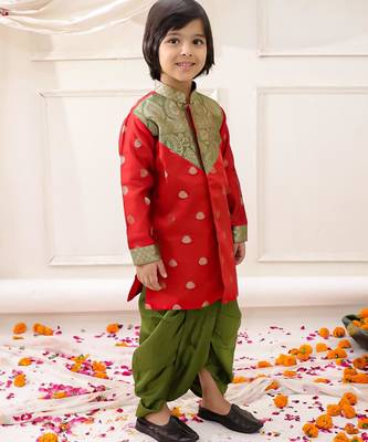 Red woven jacquard silk kurta dhoti set for boys 3