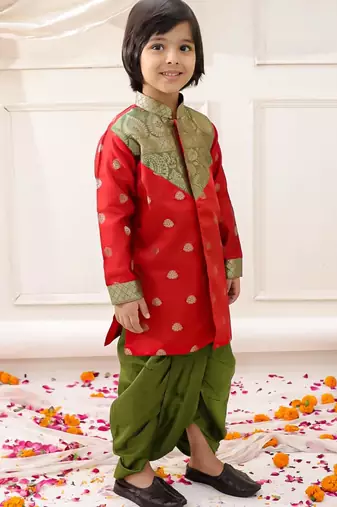 Red woven jacquard silk kurta dhoti set for boys