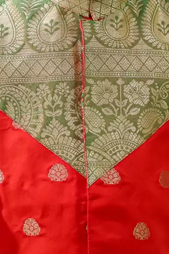Red woven jacquard silk kurta dhoti set for boys