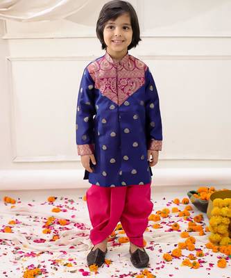 Navy woven jacquard silk kurta dhoti set for boys 1