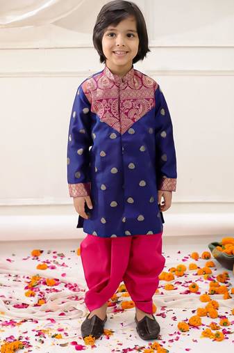 Navy woven jacquard silk kurta dhoti set for boys