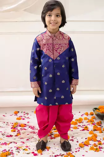 Navy woven jacquard silk kurta dhoti set for boys