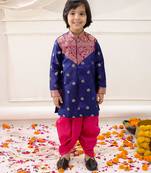 Navy woven jacquard silk kurta dhoti set for boys