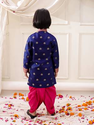 Navy woven jacquard silk kurta dhoti set for boys 2