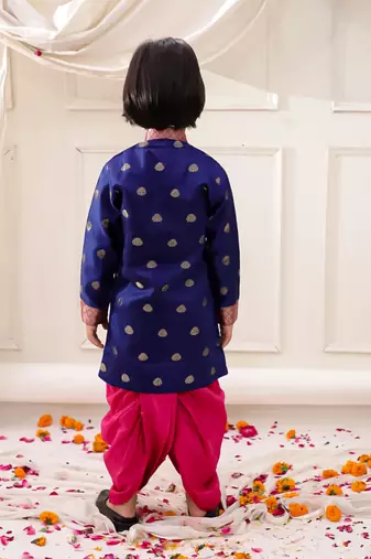 Navy woven jacquard silk kurta dhoti set for boys