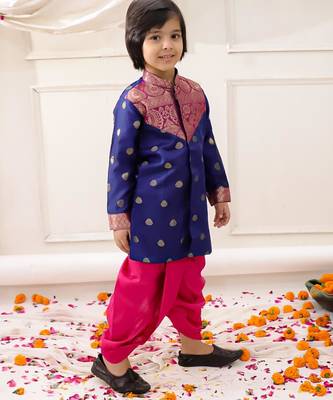 Navy woven jacquard silk kurta dhoti set for boys 3