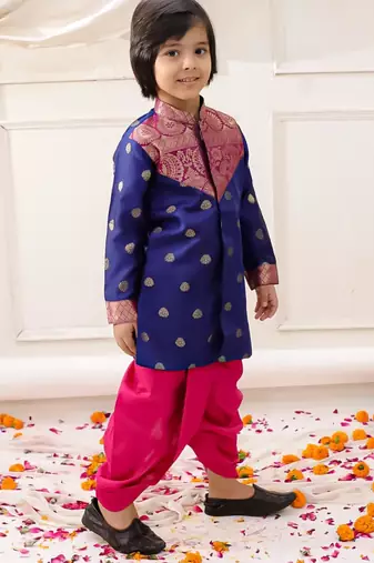 Navy woven jacquard silk kurta dhoti set for boys
