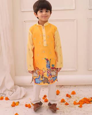 Yellow printed silk kurta pyjama set for boys 1