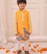 Yellow printed silk kurta pyjama set for boys