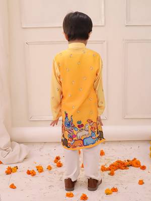 Yellow printed silk kurta pyjama set for boys 2