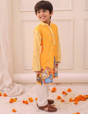 Yellow printed silk kurta pyjama set for boys 3