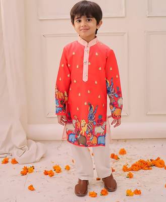 Orange printed silk kurta pyjama set for boys 1