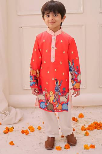 Orange printed silk kurta pyjama set for boys