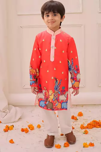 Orange printed silk kurta pyjama set for boys