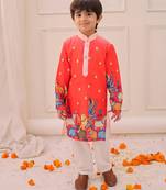 Orange printed silk kurta pyjama set for boys