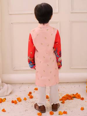 Orange printed silk kurta pyjama set for boys 2