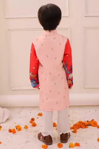 Orange printed silk kurta pyjama set for boys