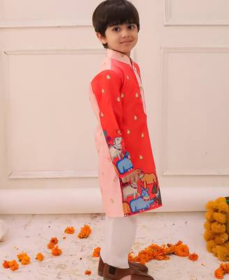 Orange printed silk kurta pyjama set for boys 3