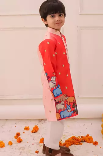 Orange printed silk kurta pyjama set for boys