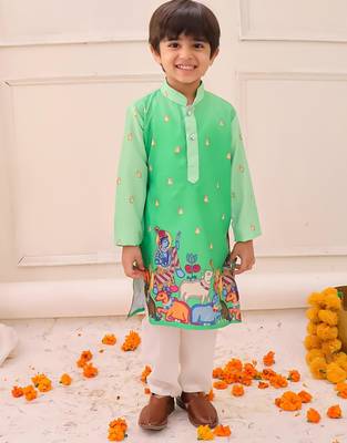 Green printed silk kurta pyjama set for boys 1