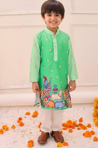 Green printed silk kurta pyjama set for boys
