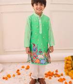 Green printed silk kurta pyjama set for boys