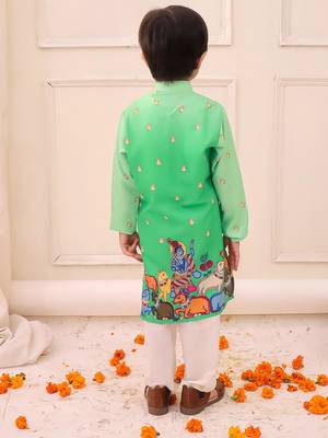 Green printed silk kurta pyjama set for boys 2