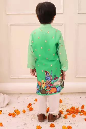 Green printed silk kurta pyjama set for boys