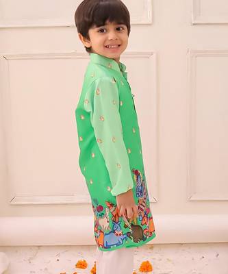 Green printed silk kurta pyjama set for boys 3